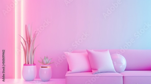 A sleek and modern apartment with neon lighting, designed in a minimalist style with clean lines and a neutral color palette. The image offers plenty of copy space for customization, ideal for