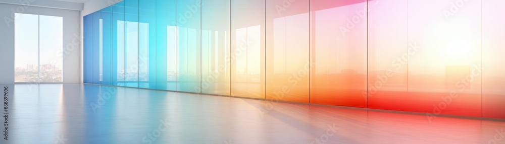 Fototapeta premium Soft white wall with a colorful glare from a prism glass window, adding a spectrum of light