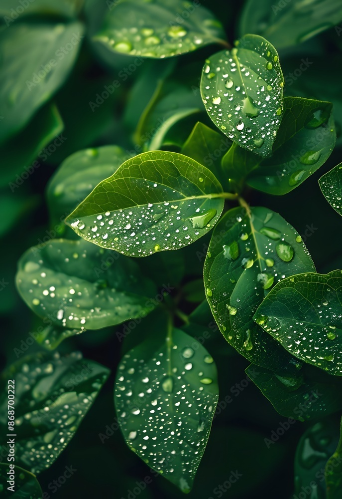 Fototapeta premium Dewdrops on Lush Green Leaves, Nature Wallpaper