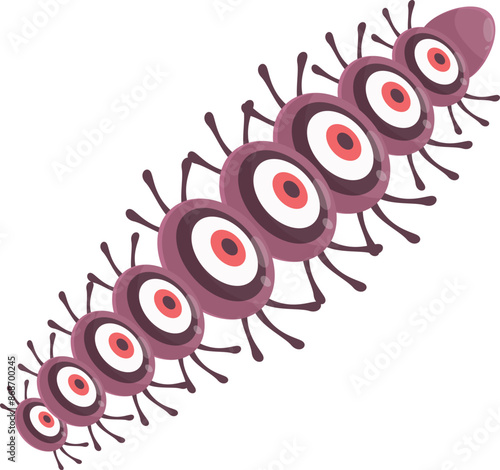 Cartoon illustration of a purple worm monster with many eyes crawling on a white background