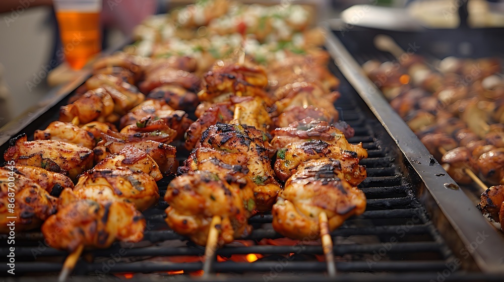 Grilled spatchcock chicken with seekh kebabs and cola in front of street food festival very detailed and realistic shape Grilled spatchcock chicken with seekh kebabs and cola in front of street food festival very detailed and realistic shape