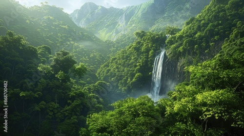 Dense forested mountains with a beautiful waterfall flowing through the green foliage.
