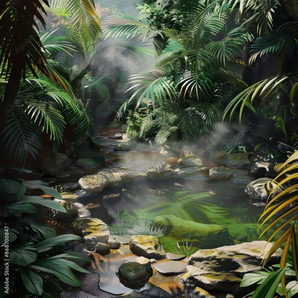 A lush jungle scene with a small stream of water