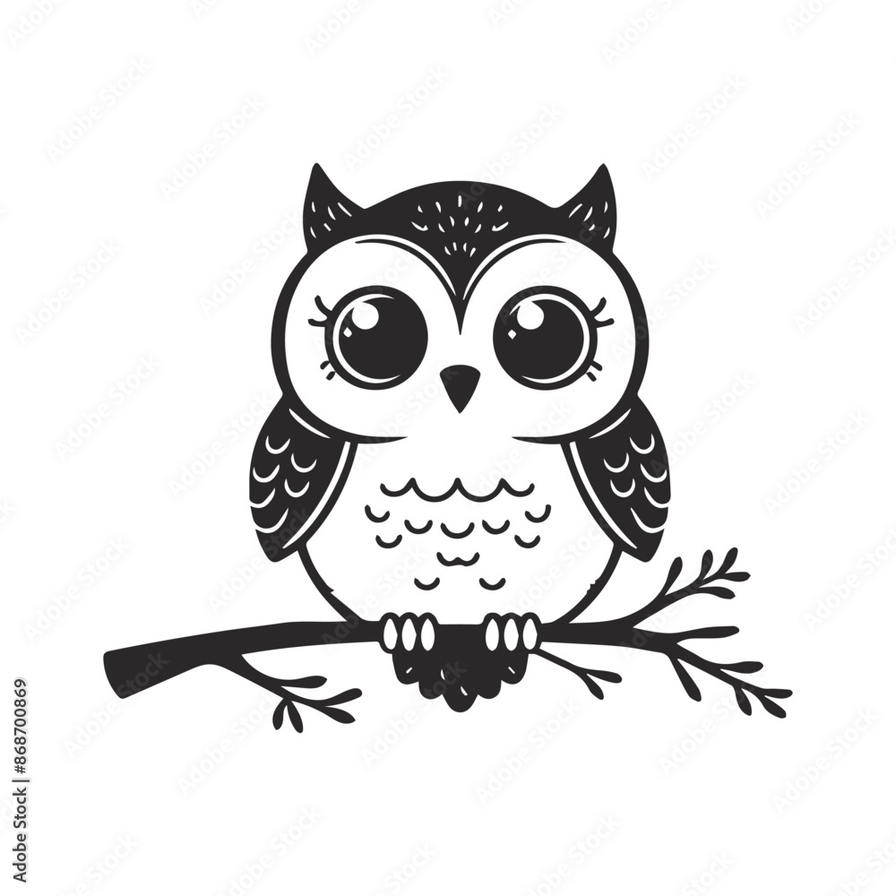Fototapeta premium Owl vector illustration, Silhouette of an owl black and white. Owl on a branch.