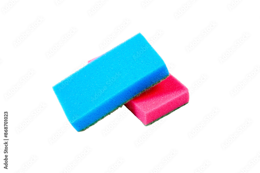 Two red and blue sponges for washing dishes on a white background are isolated.