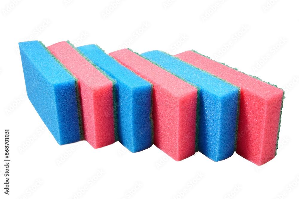 Red and blue sponges for washing dishes on a white background are isolated. Red and blue sponges for washing dishes on a white background are isolated.