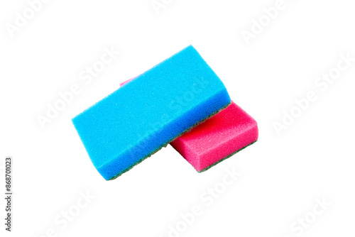 Two red and blue sponges for washing dishes on a white background are isolated.