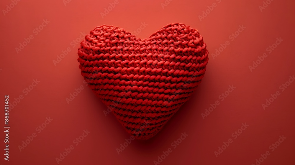 Hand knitted crochet heart placed against a pale red background very detailed and realistic shape