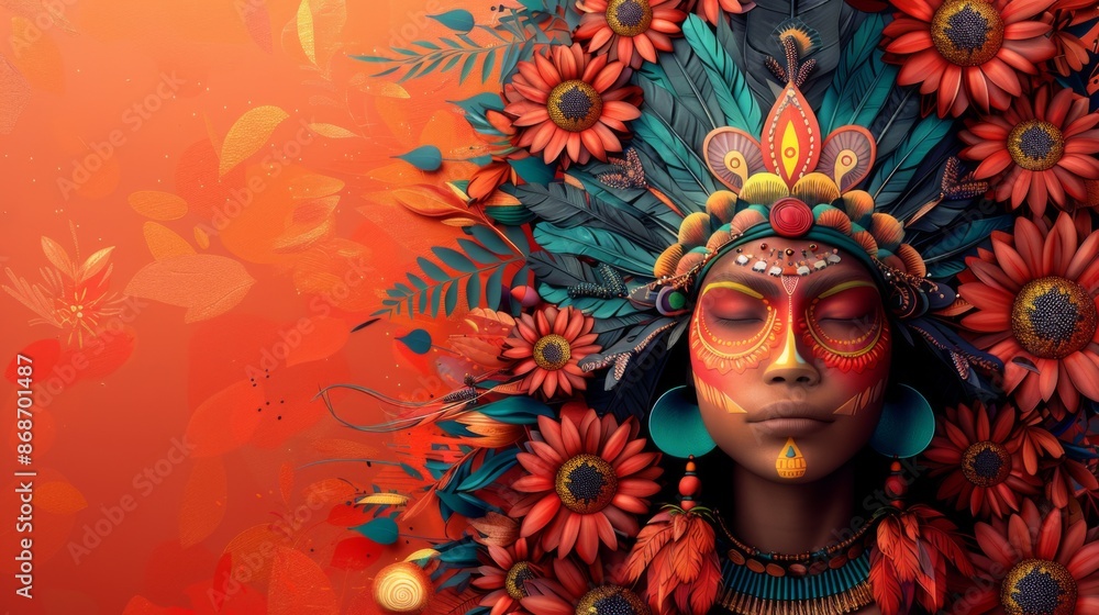 International Day of the World's Indigenous Peoples. Illustration. Portrait of a woman in national costume, red background. Horizontal banner, copy space. Celebrating Cultures International Day of the World's Indigenous Peoples. Illustration. Portrait of a woman in national costume, red background. Horizontal banner, copy space. Celebrating Cultures