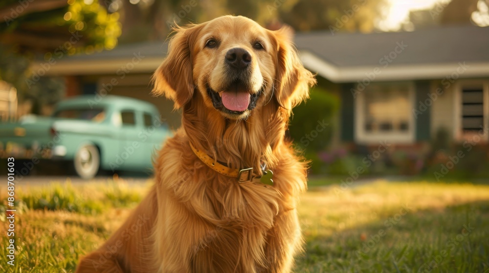 Retro poster featuring a golden retriever with a shiny gold collar, sitting proudly in a 1950s suburban yard Retro poster featuring a golden retriever with a shiny gold collar, sitting proudly in a 1950s suburban yard