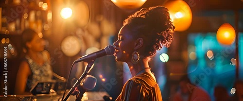 African American female singer singing on stage in front of audience at coffee shop during evening. The singer was performing in the style of famous artists