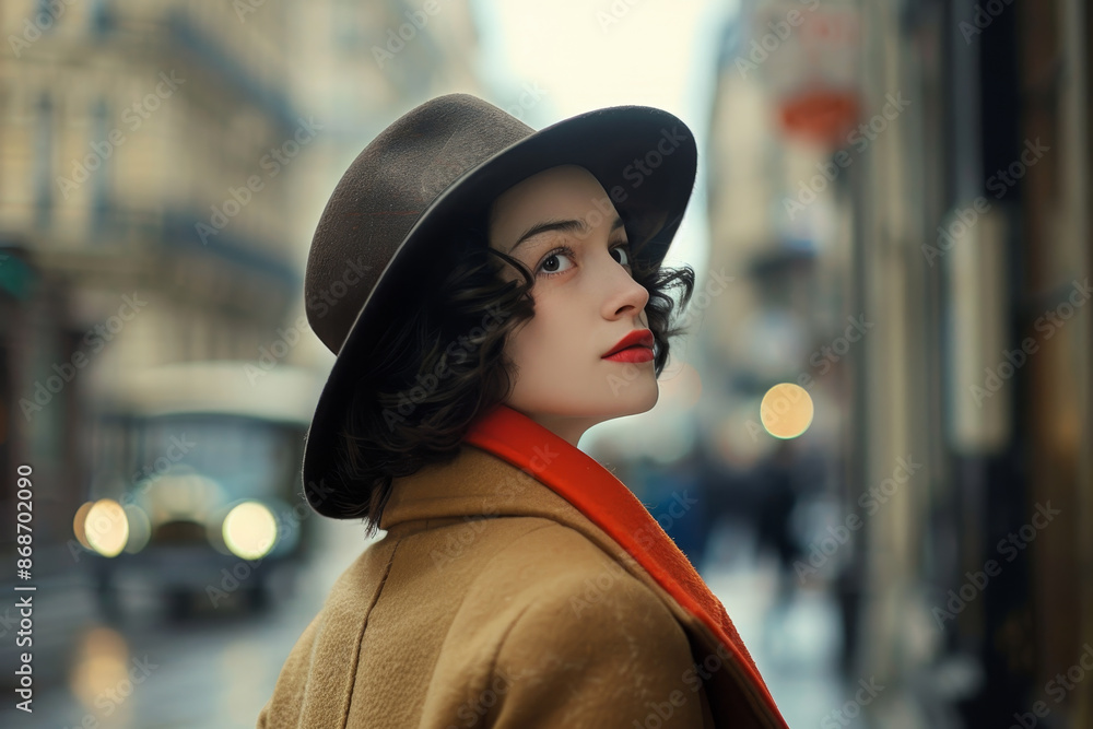 A woman wearing a hat and a red lipstick stands in front of a building A woman wearing a hat and a red lipstick stands in front of a building