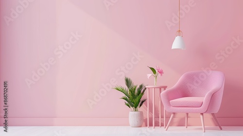 A stylish apartment interior in soft pink tones, featuring minimalist furniture and decor with plenty of copy space for customization. The image exudes a sense of calm and sophistication, perfect for