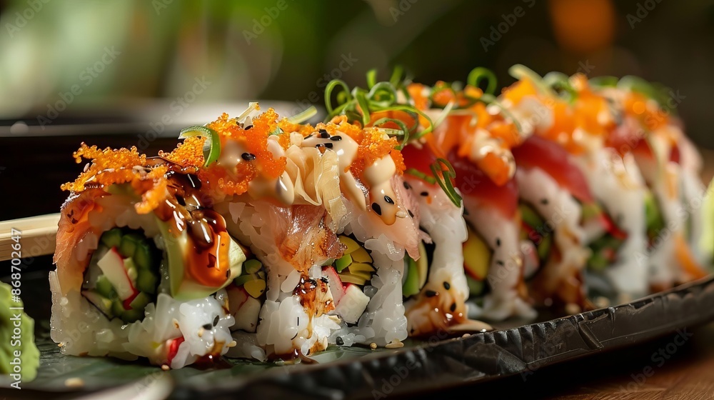 Savory sushi rolls filled with fresh ingredients, served on a plate with wooden chopsticks. Savory sushi rolls filled with fresh ingredients, served on a plate with wooden chopsticks.