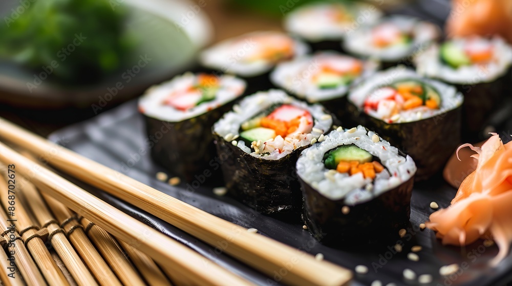 Savory sushi rolls filled with fresh ingredients, served on a plate with wooden chopsticks. Savory sushi rolls filled with fresh ingredients, served on a plate with wooden chopsticks.