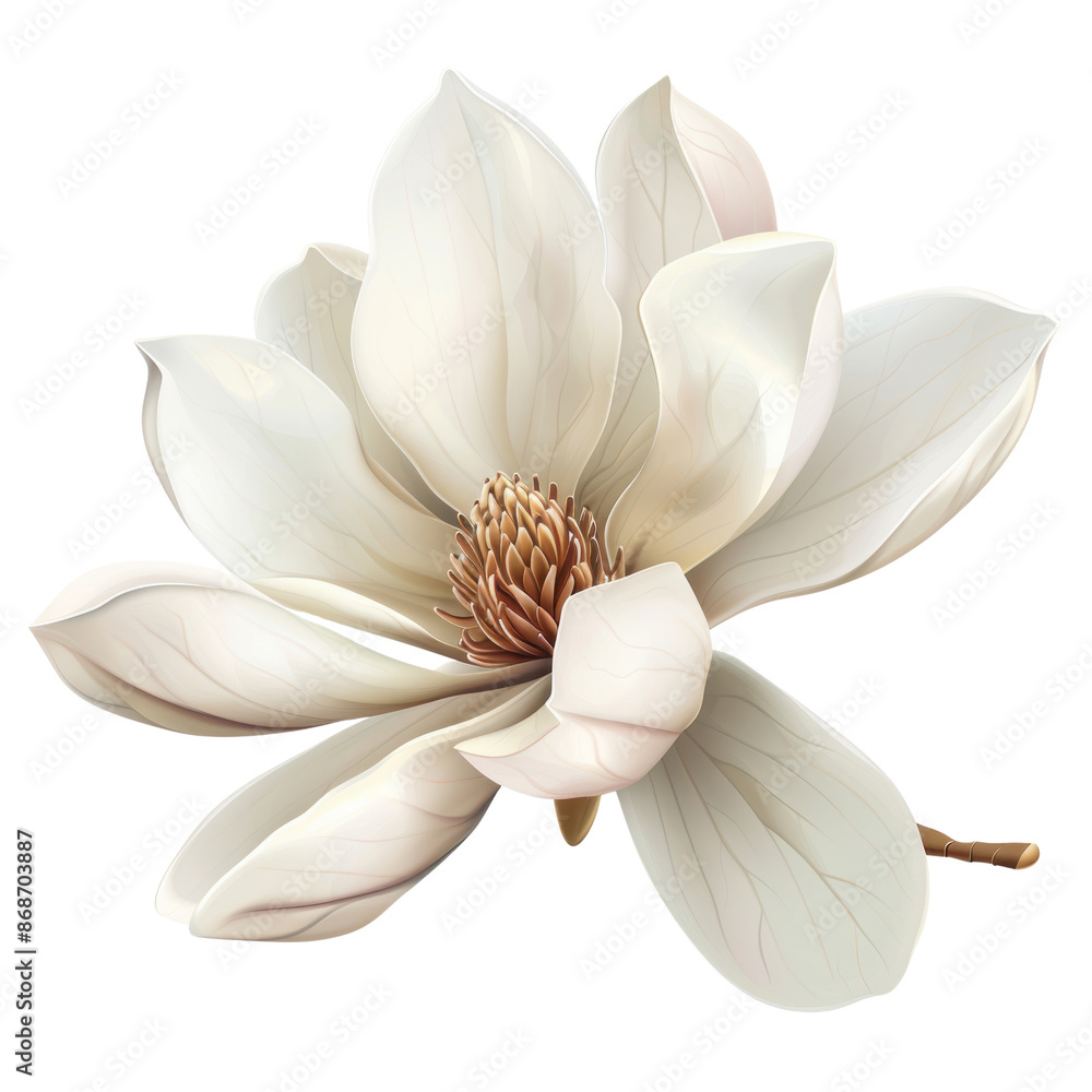 Obraz premium Elegant white magnolia flower with intricate petals and detailed center, perfect for nature, botanical, and floral design purposes.