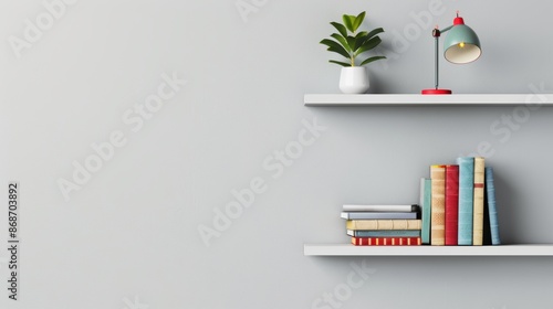 A clean, modern gray bookshelf set against a plain background, ideal for designs that require significant copy space.