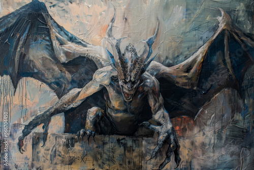 A painting of a large, menacing dragon with its wings spread wide © mila103