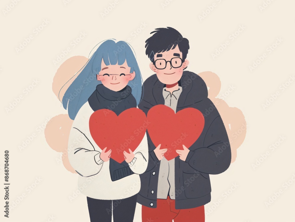 Cute Minimalist Cartoon of Asian Couple in Love Holding Hearts Cute Minimalist Cartoon of Asian Couple in Love Holding Hearts