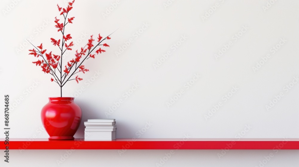 Fototapeta premium A bold red bookshelf with a minimalist design, set against a clean, white wall with ample copy space for creative additions.