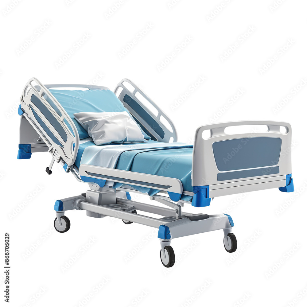 Modern adjustable hospital bed with blue mattress and pillows, isolated on a white background, ideal for medical and healthcare concepts. Modern adjustable hospital bed with blue mattress and pillows, isolated on a white background, ideal for medical and healthcare concepts.