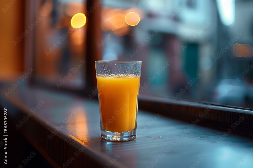 A glass of orange juice sits on a window sill A glass of orange juice sits on a window sill