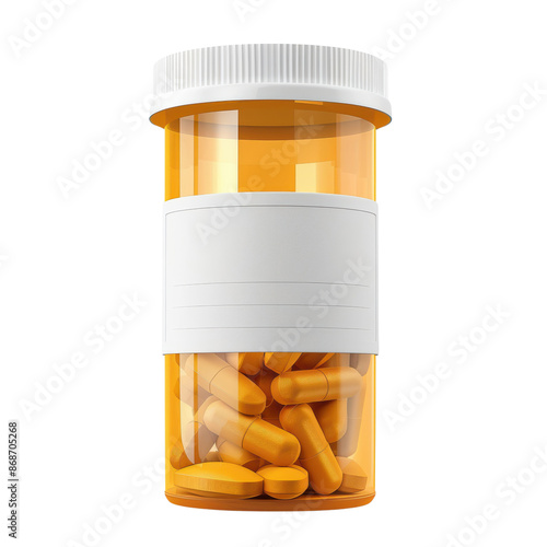 Prescription pill bottle with orange capsules, isolated on white background. Ideal for medical, healthcare, and pharmaceutical concepts. photo