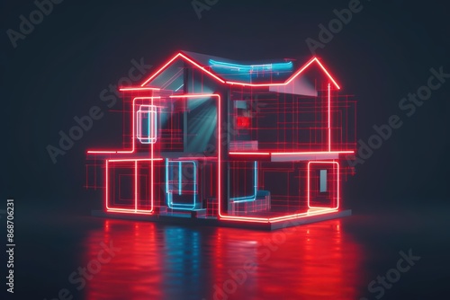 Abstract depiction of a disrupted household with futuristic, geometric shapes and glowing highlights with copy space