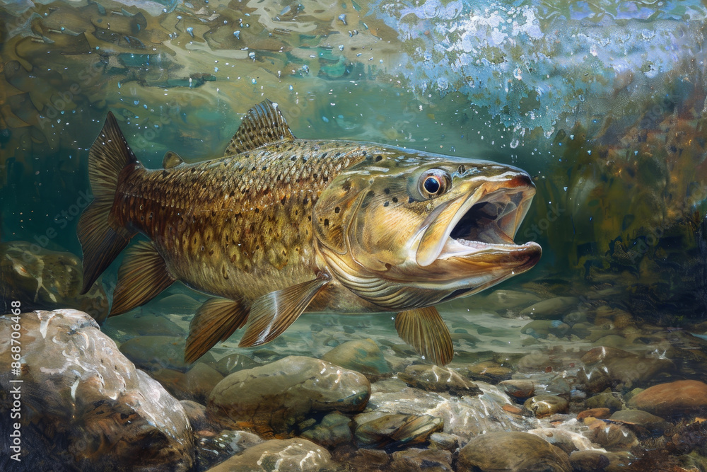 A large brown fish is swimming in a river with rocks and water A large brown fish is swimming in a river with rocks and water