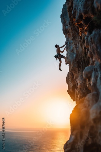 Fototapeta Naklejka Na Ścianę i Meble -  A climber, silhouetted against the sunset, scales a cliff, exemplifying freedom and extreme sport.