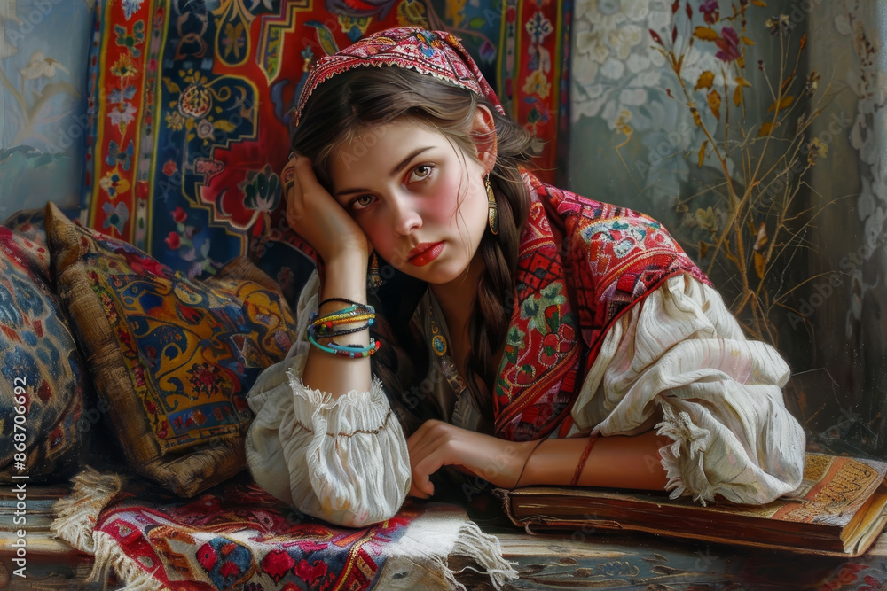 Fototapeta premium A young woman is sitting on a rug with a book in front of her