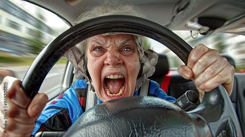 Angry elderly woman driving a car. photo