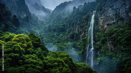 Dense forested mountains with a beautiful waterfall flowing through the green foliage.