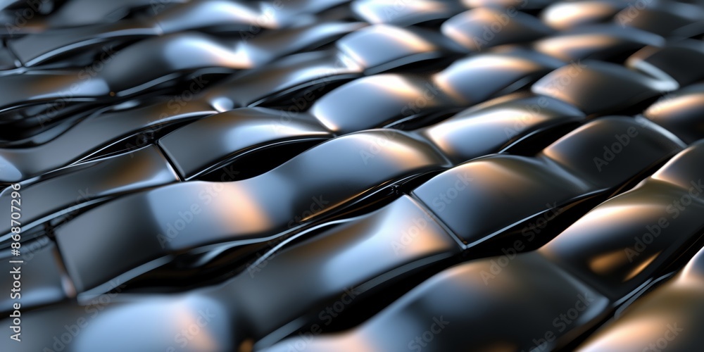 Fototapeta premium Dark metallic textured structure with a shiny wicker pattern, creating an abstract, futuristic backdrop.