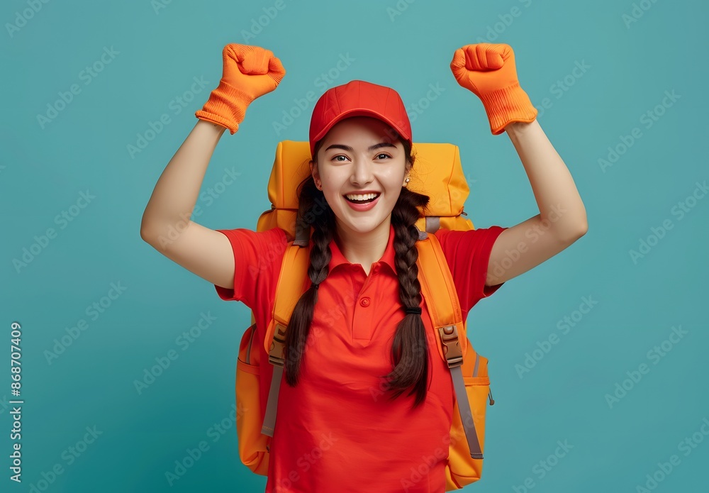 Happy Female Food Delivery Person Celebrating Success Happy Female Food Delivery Person Celebrating Success