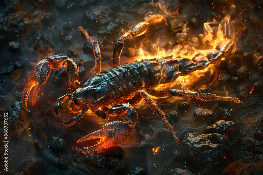 A scorpion is shown with its claws extended and its body glowing red A scorpion is shown with its claws extended and its body glowing red