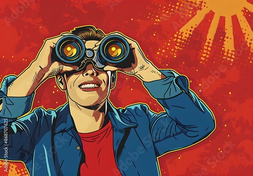 Joyful Man with Binoculars in Pop Art Style
