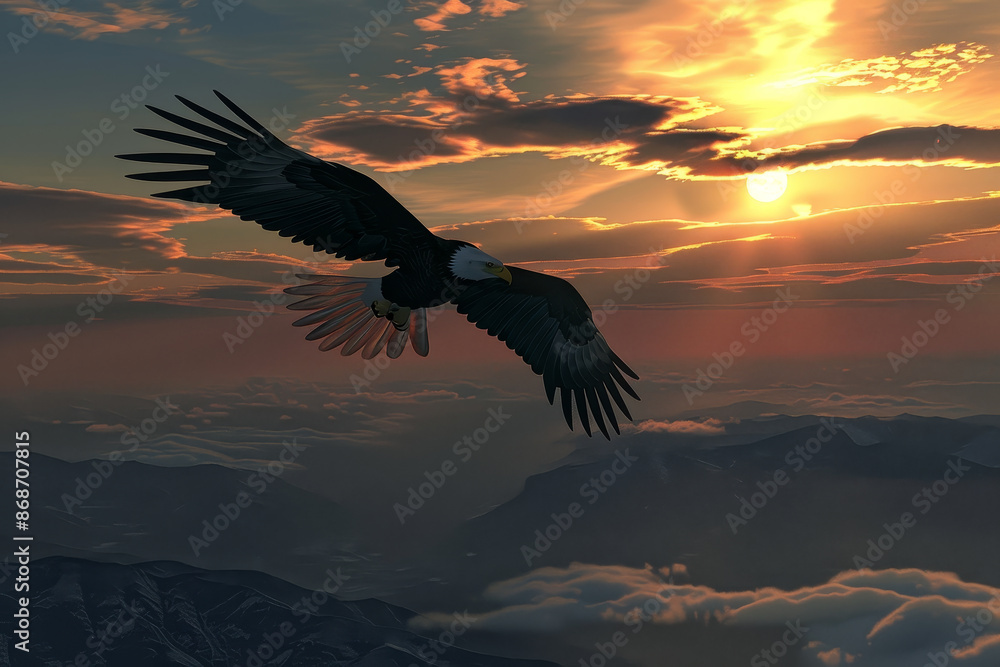 Fototapeta premium A large eagle is flying high in the sky above a mountain range