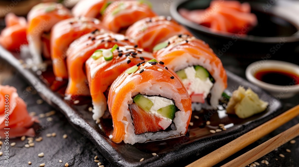 Sushi rolls on a black plate with salmon, cream cheese, and cucumber. Served with soy sauce and wasabi. Sushi rolls on a black plate with salmon, cream cheese, and cucumber. Served with soy sauce and wasabi.