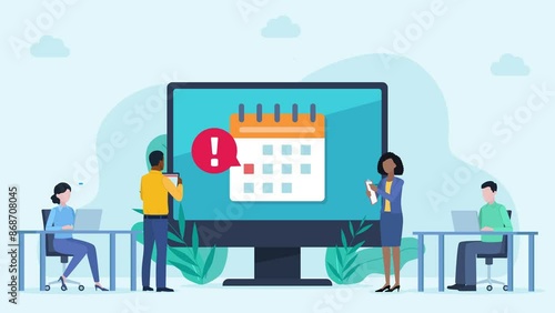The calendar with the notification appears on the monitor screen. There are employees nearby and they perform their duties. Icons and chat bubbles appear around you. Animation in flat style.