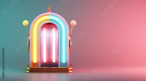 A minimalist and stylish casino slot machine illuminated in a rainbow of colors, with clean lines and modern design elements. The image offers ample copy space for customization.