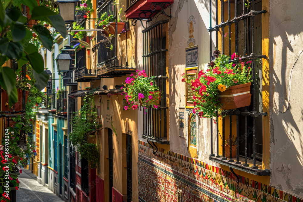Fototapeta premium A street with a lot of colorful flowers in pots on the windowsills