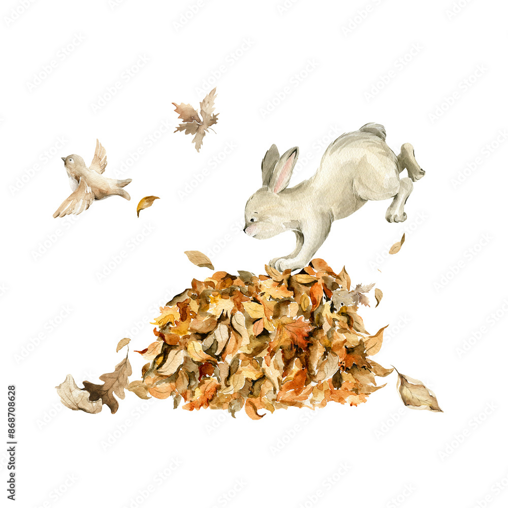 Fototapeta premium Watercolor nursery set. Hand painted autumn composition of cute bunny, rabbit character, forest fall leaves, dried leaf, birds isolated on background. Baby illustration for card design, print, poster