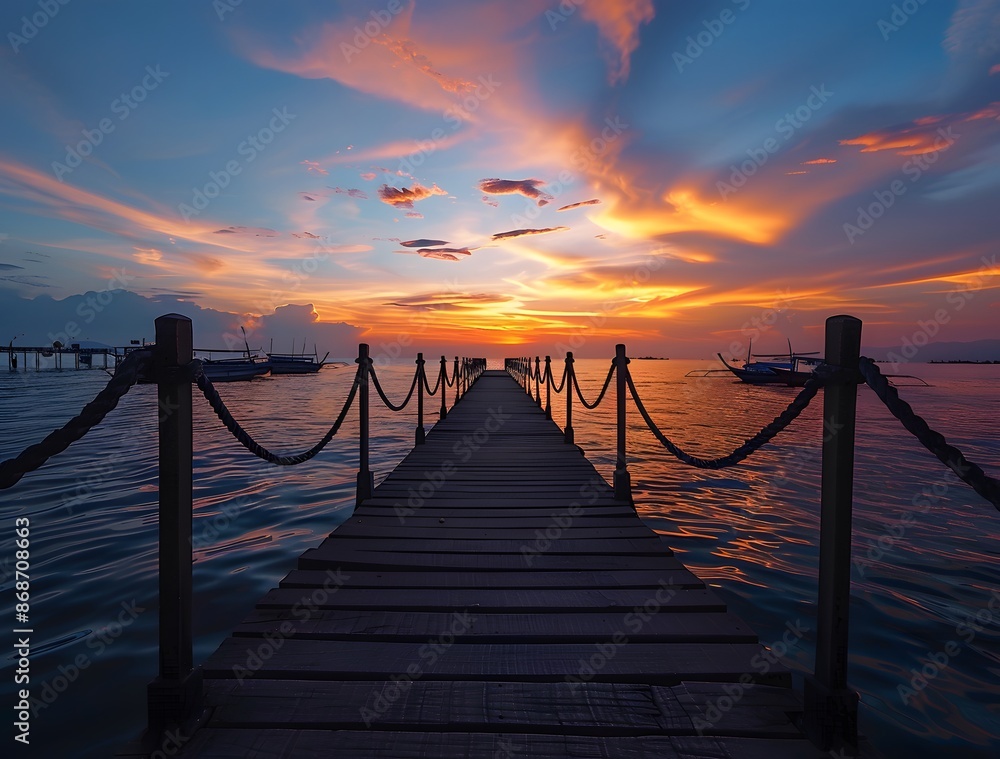Fototapeta premium Sunset Pier & Boats at Golden Hour