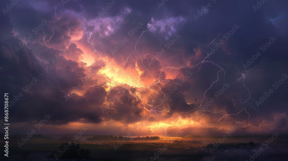 Obraz premium A stormy sky with a bright orange and purple sky
