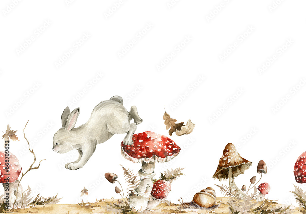 Obraz premium Watercolor floral seamless border with animals. Hand painted autumn forest leaves, fern, fall leaf, mushrooms, rabbit, bunny isolated on white background. illustration for card design, harvest print