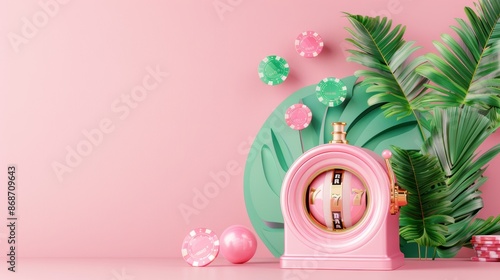 A stylish and modern pink casino slot machine, designed with a minimalist aesthetic to create a sleek and contemporary look. The image offers plenty of copy space for customization, perfect for