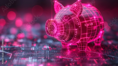 Electronic piggy bank with crypto money on digital background, techno currency investment and bitcoin trading, cyber business. photo