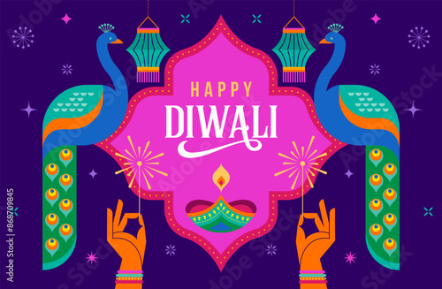 Diwali festival poster, Diwali Sale banner, Diwali background design with lights, peacock, lanterns, candles and flowers