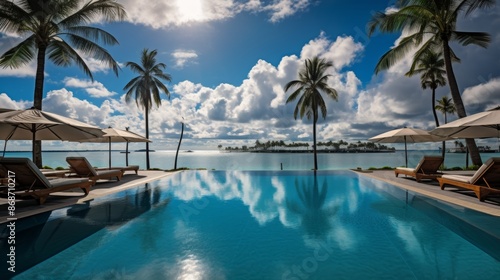 Luxurious tropical resort in maldives relaxing poolside paradise with palm trees and blue sky